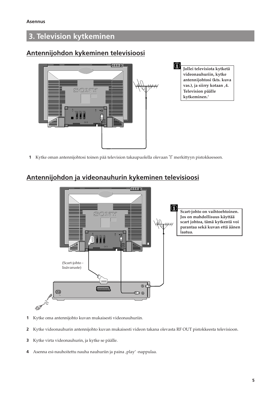 Television kytkeminen, Asennus, 3s 3 | Sony FD Trinitron KV-28FC60-Z Benutzerhandbuch | Seite 119 / 168