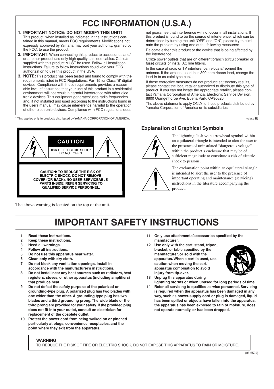 Important safety instructions, Fcc information (u.s.a.), Explanation of graphical symbols | Yamaha PC4801N Benutzerhandbuch | Seite 2 / 16