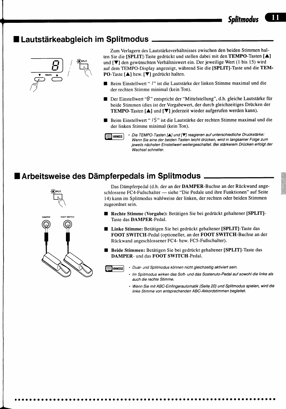 Lautstärkeabgleich im splitmodus, Arbeitsweise des dämpferpedals im splitmodus | Yamaha PDP-400 Benutzerhandbuch | Seite 14 / 25
