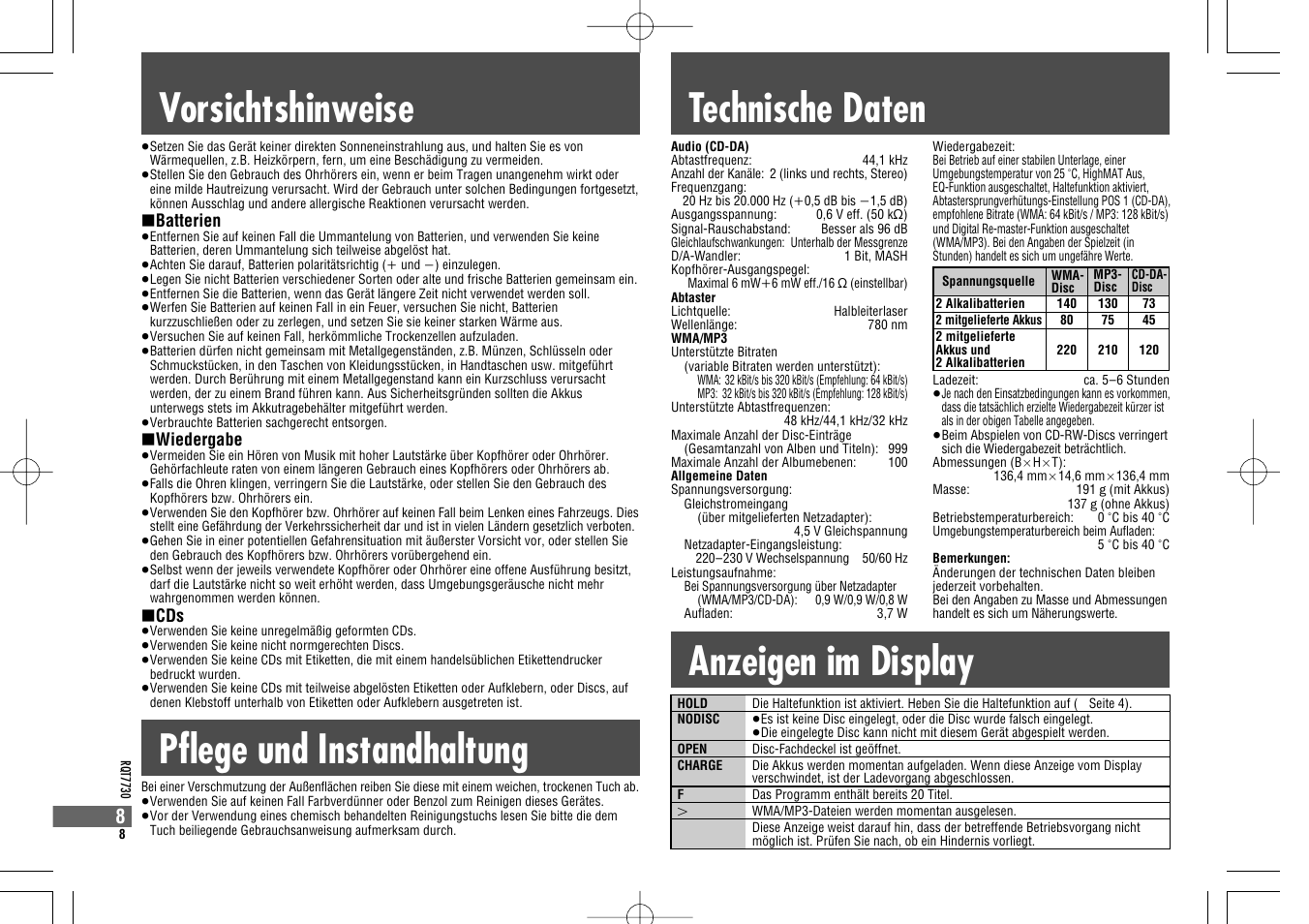 Vorsichtshinweise technische daten, Pflege und instandhaltung anzeigen im display | Panasonic SL CT 820 EG S Benutzerhandbuch | Seite 8 / 84