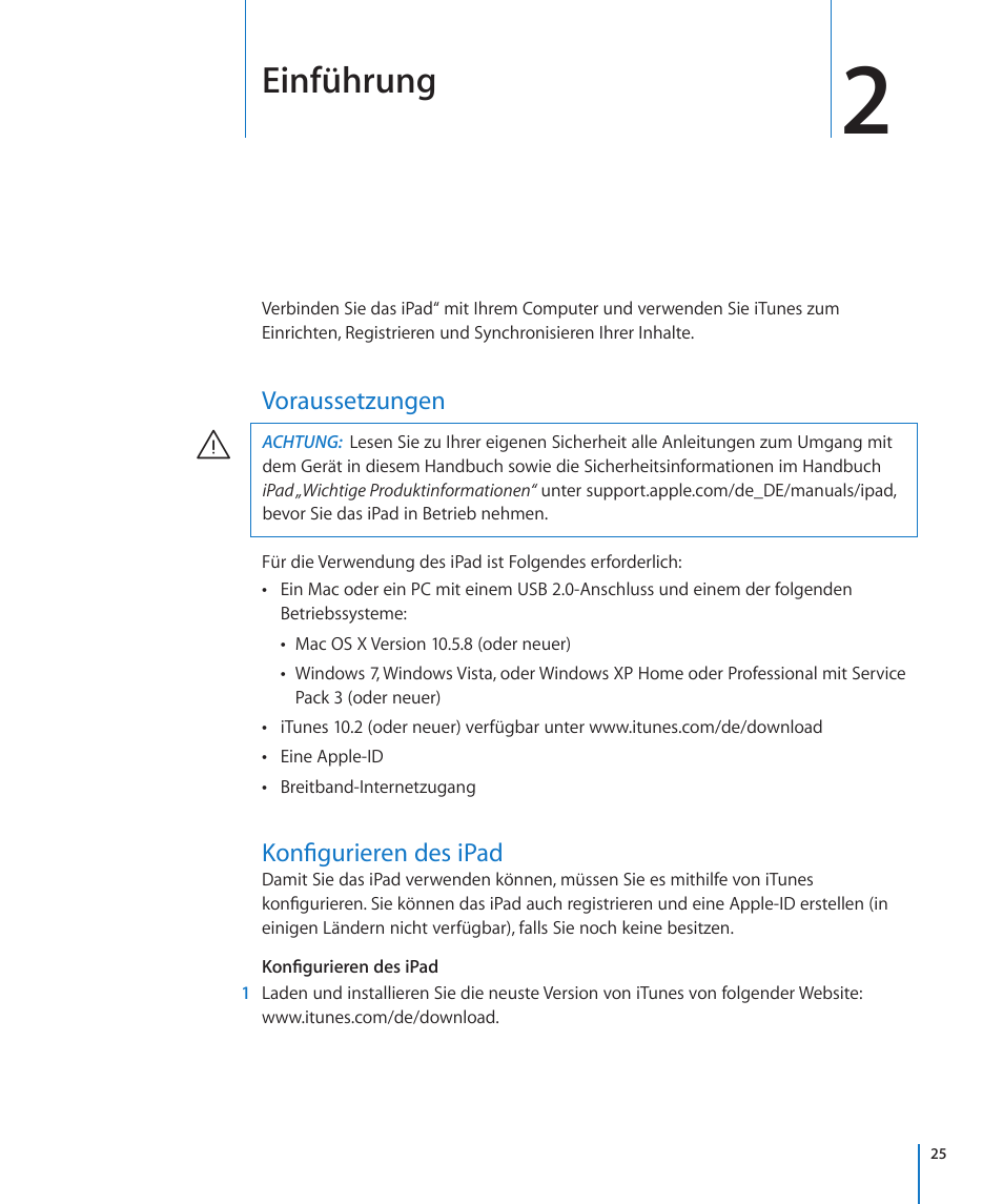Kapitel 2: einführung, Voraussetzungen, Konfigurieren des ipad | 25 voraussetzungen 25 konfigurieren des ipad, Einführung | Apple IPAD 2 IOS 4.3 Benutzerhandbuch | Seite 25 / 228
