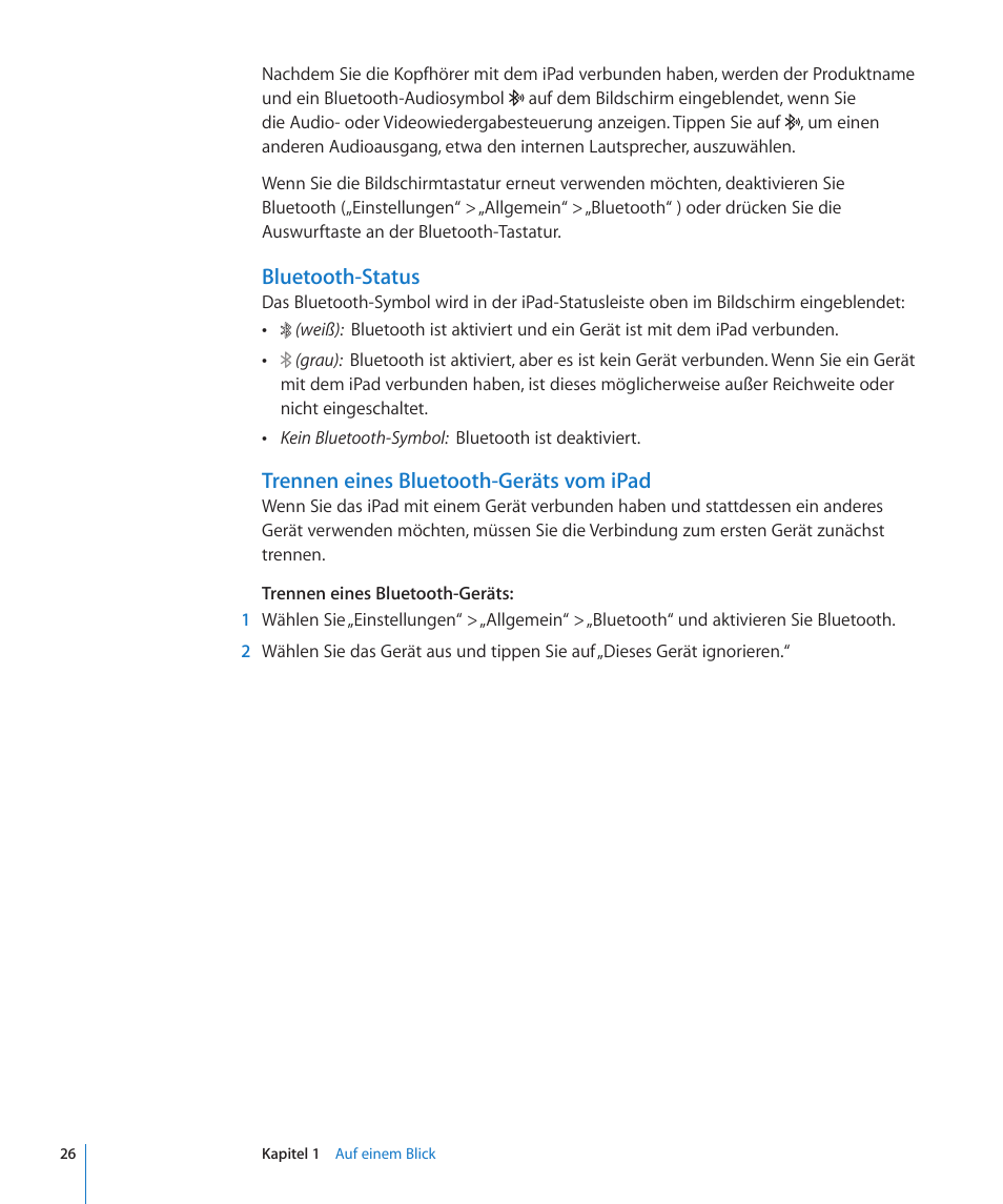 Bluetooth-status, Trennen eines bluetooth-geräts vom ipad | Apple iPad (Fur iOS 3.2 Software) Benutzerhandbuch | Seite 26 / 178