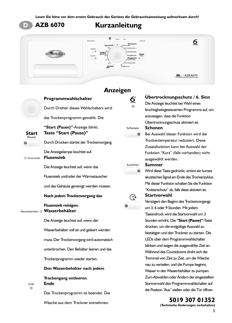Kurzanleitung, Anzeigen | Whirlpool AZB6070 Benutzerhandbuch | Seite 5 / 5