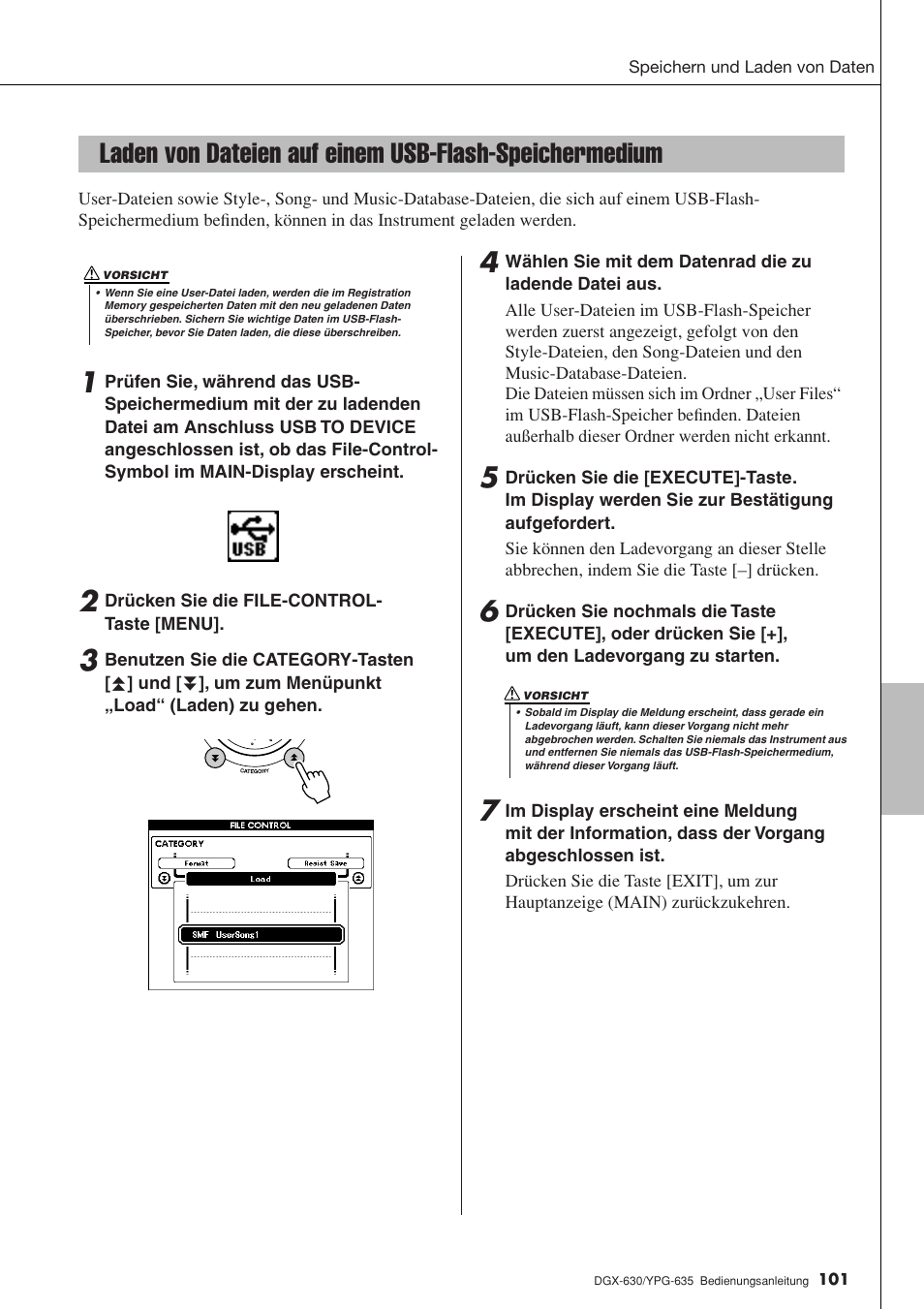 Laden von dateien auf einem usb-flash, Speichermedium | Yamaha DGX-630 Benutzerhandbuch | Seite 101 / 160