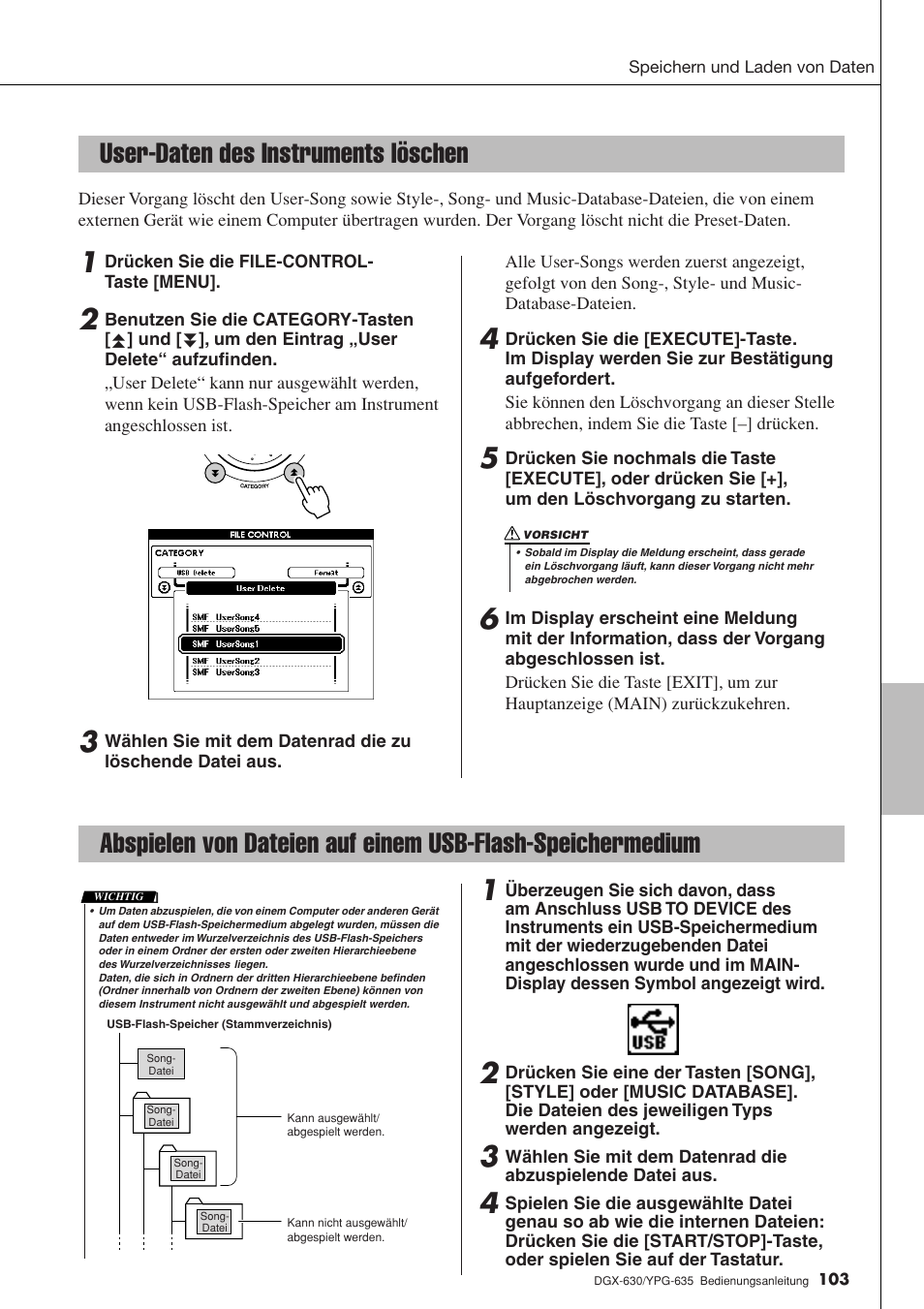 User-daten des instruments löschen, Speichermedium | Yamaha DGX-630 Benutzerhandbuch | Seite 103 / 160