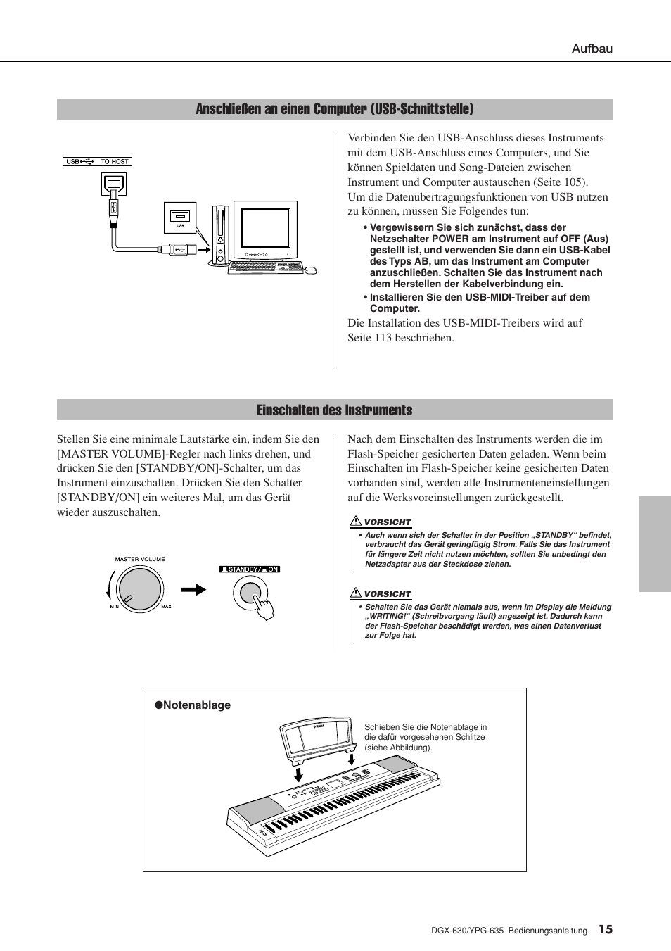 Anschließen an einen computer (usb-schnittstelle), Einschalten des instruments | Yamaha DGX-630 Benutzerhandbuch | Seite 15 / 160