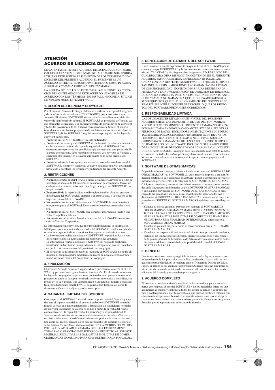 Atención, Acuerdo de licencia de software | Yamaha DGX-630 Benutzerhandbuch | Seite 155 / 160