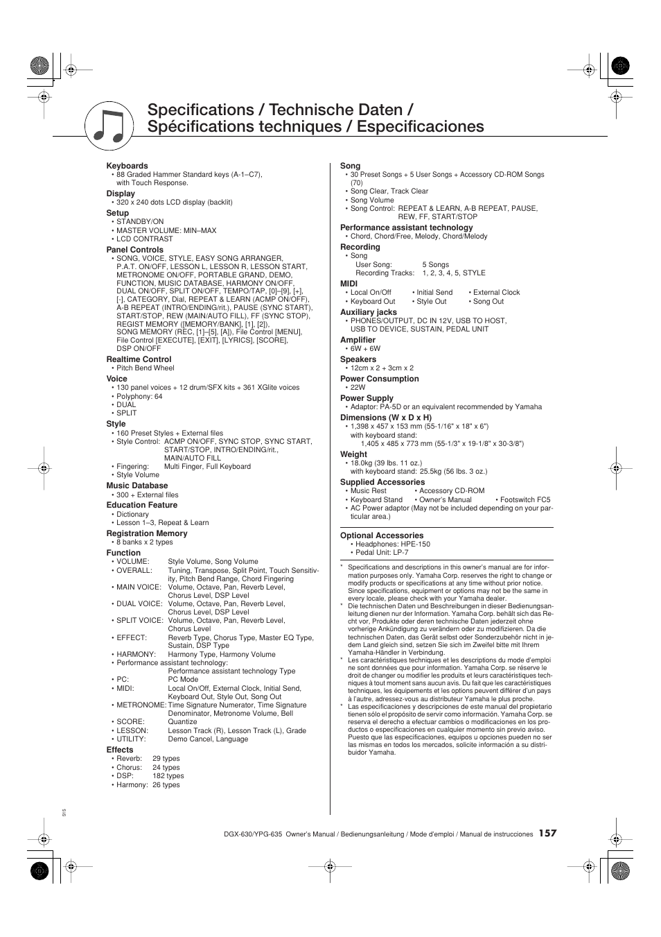 Technische daten | Yamaha DGX-630 Benutzerhandbuch | Seite 157 / 160