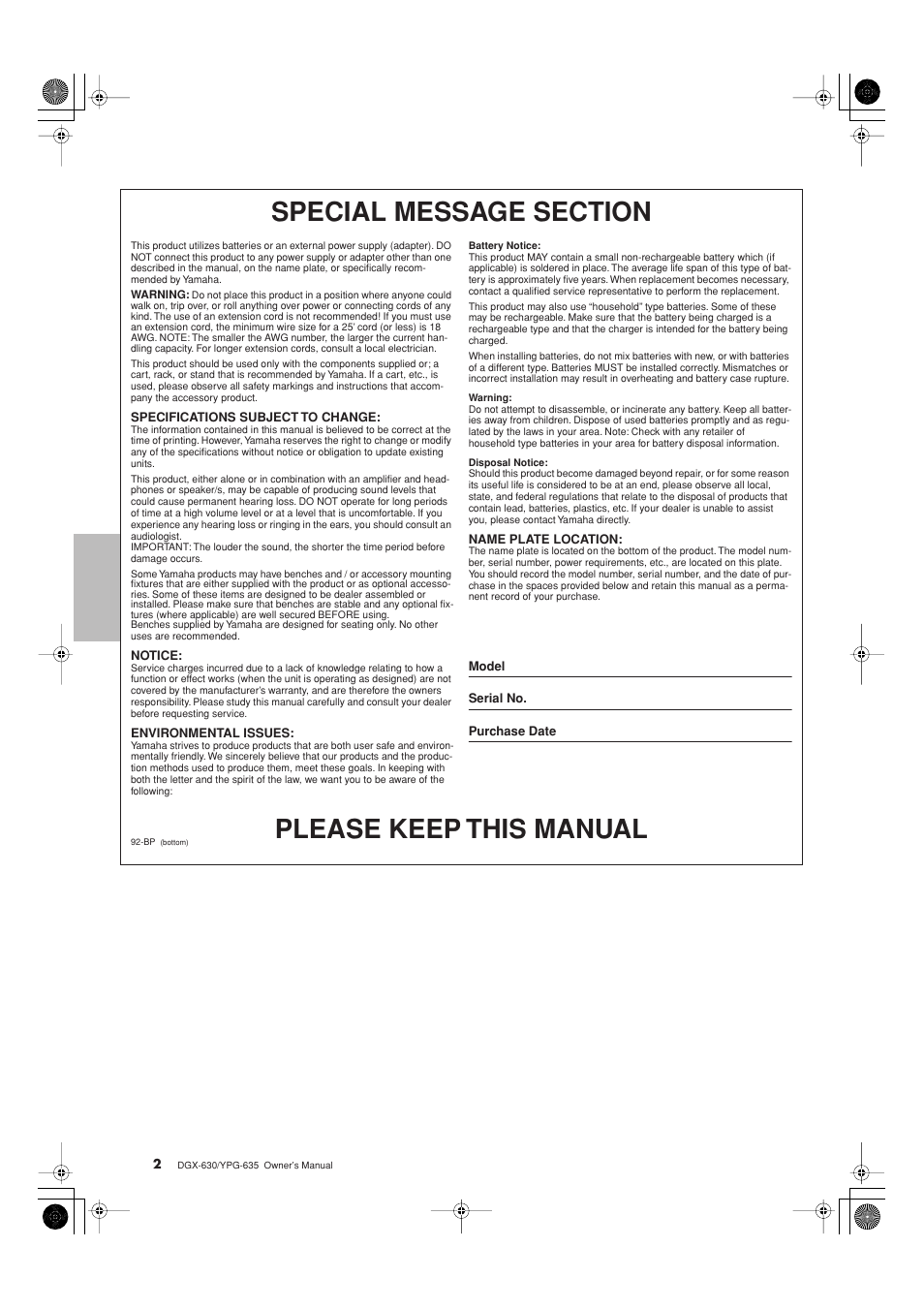 Please keep this manual | Yamaha DGX-630 Benutzerhandbuch | Seite 2 / 160
