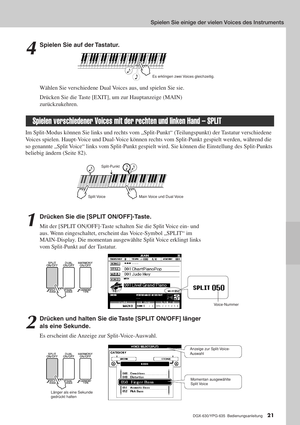 Spielen verschiedener voices mit der rechten, Und linken hand – split, Seite 21 | Yamaha DGX-630 Benutzerhandbuch | Seite 21 / 160