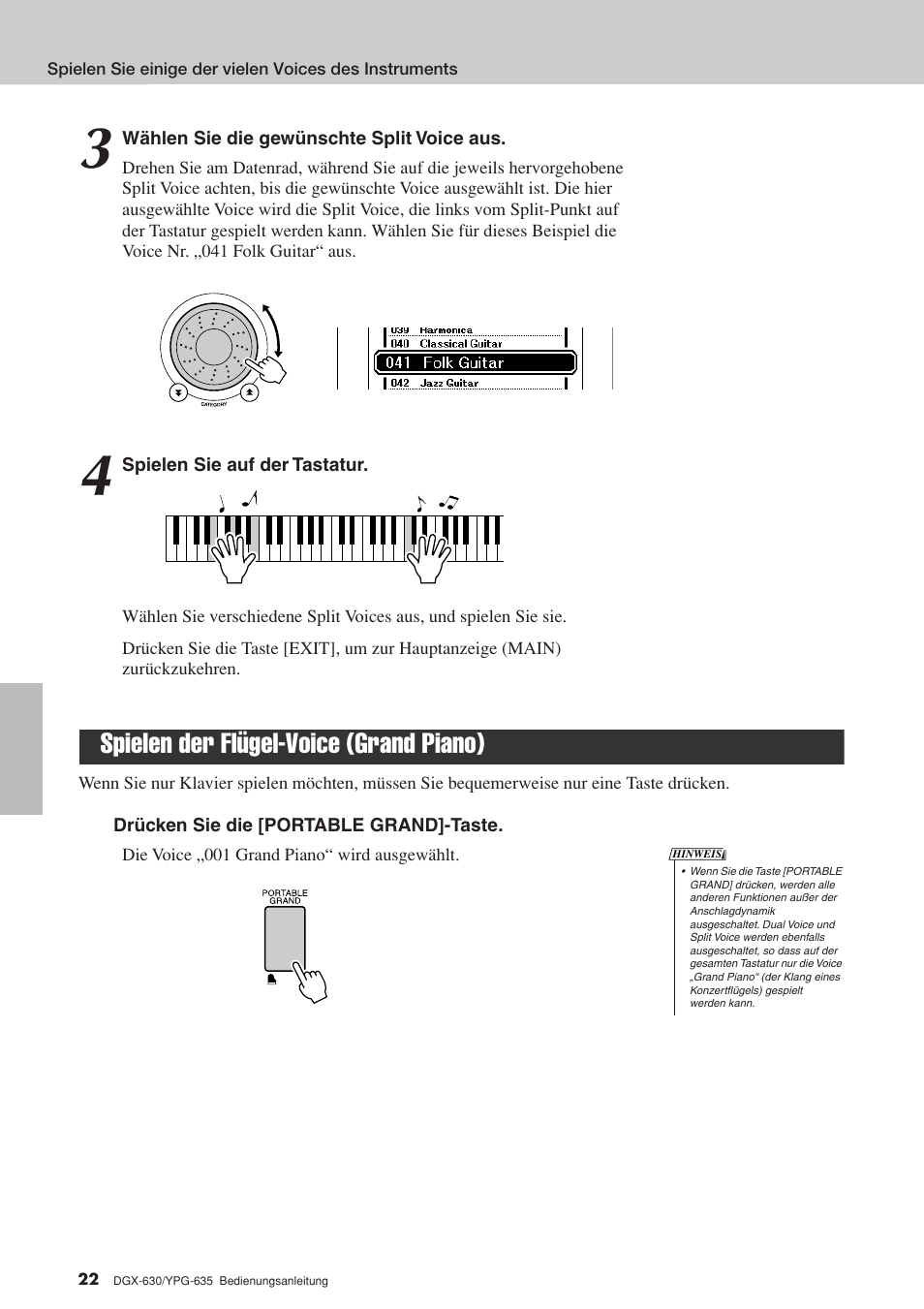 Spielen der flügel-voice (grand piano), Seite 22 | Yamaha DGX-630 Benutzerhandbuch | Seite 22 / 160