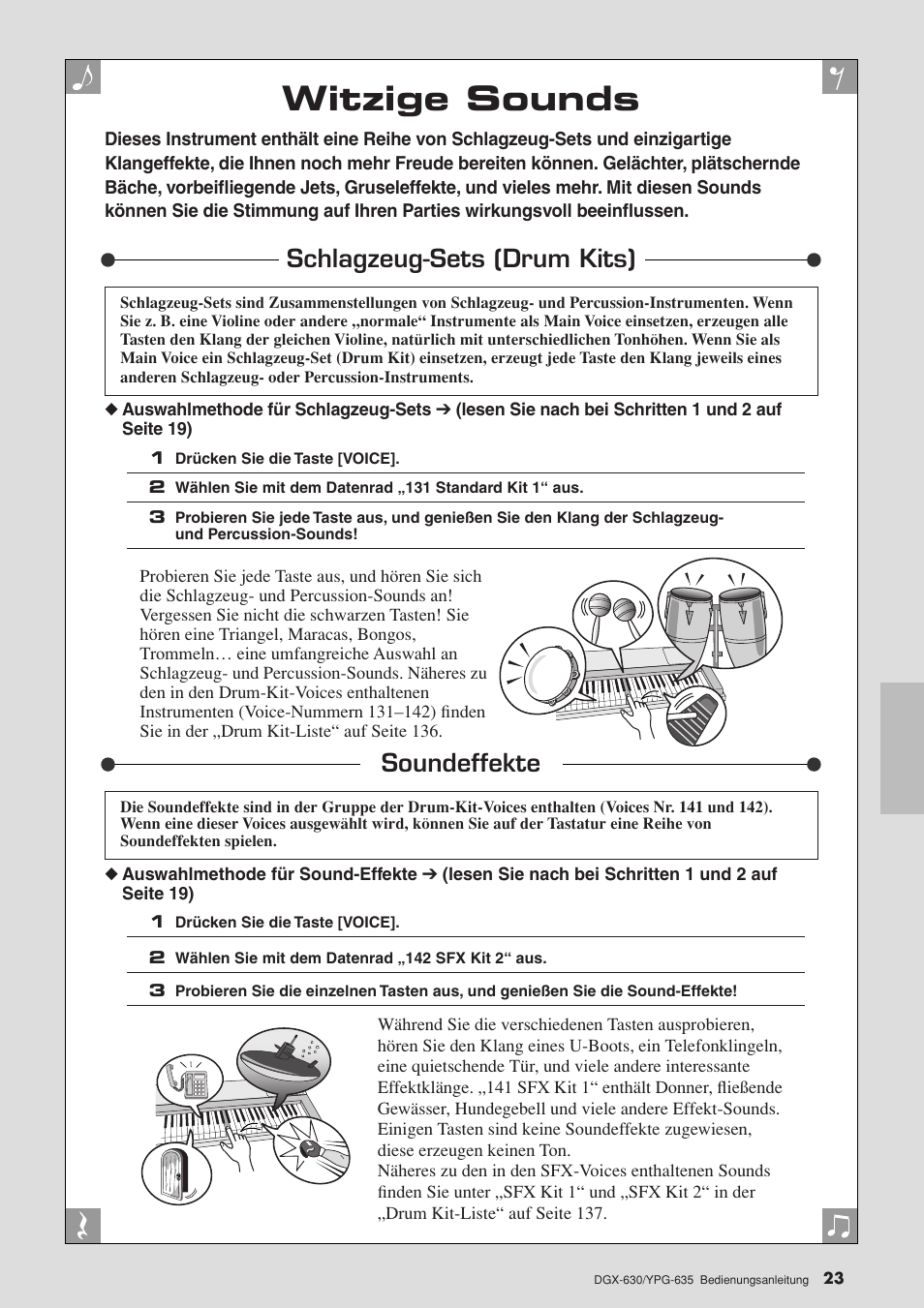Witzige sounds, Schlagzeug-sets (drum kits), Soundeffekte | Schlagzeug-sets (drum kits) soundeffekte, Seite 23 | Yamaha DGX-630 Benutzerhandbuch | Seite 23 / 160