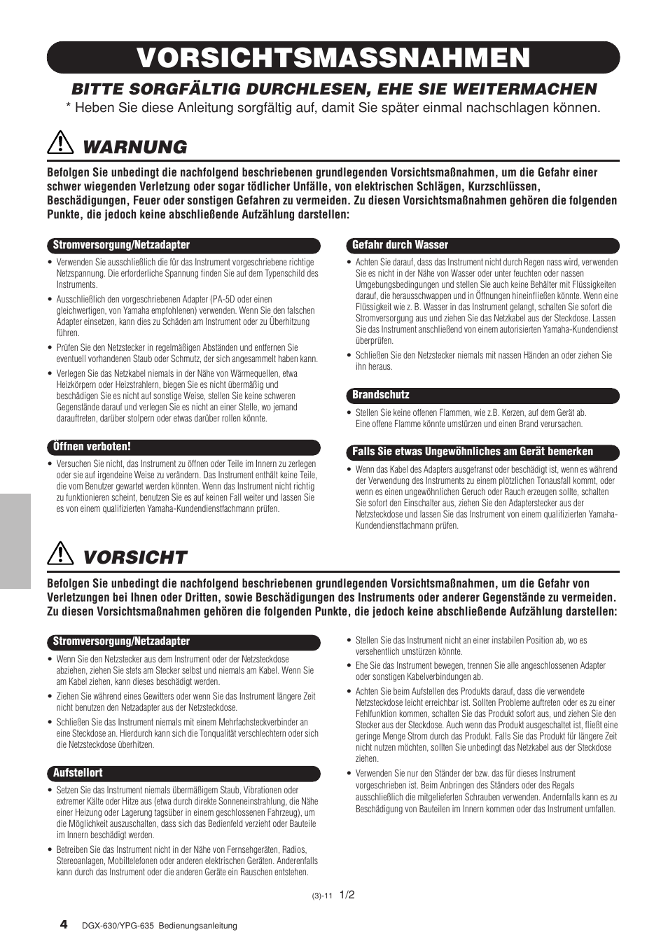 Vorsichtsmassnahmen, Warnung, Vorsicht | Bitte sorgfältig durchlesen, ehe sie weitermachen | Yamaha DGX-630 Benutzerhandbuch | Seite 4 / 160