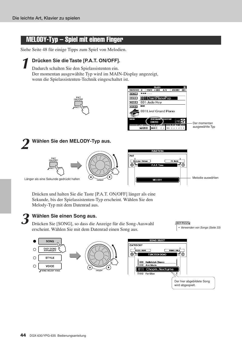 Melody-typ - spiel mit einem finger, Melody-typ – spiel mit einem finger | Yamaha DGX-630 Benutzerhandbuch | Seite 44 / 160