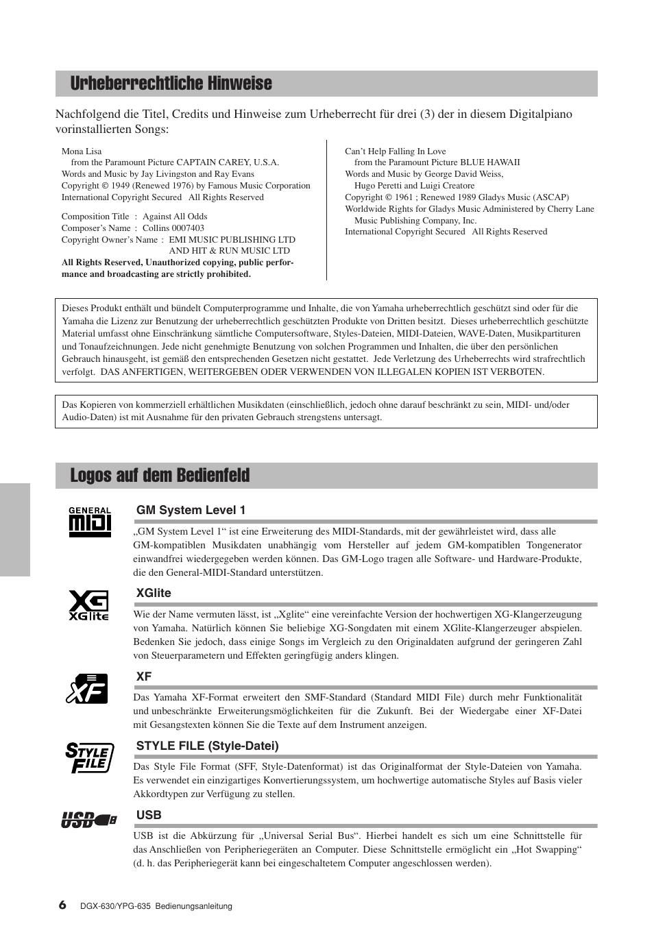 Urheberrechtliche hinweise, Logos auf dem bedienfeld | Yamaha DGX-630 Benutzerhandbuch | Seite 6 / 160