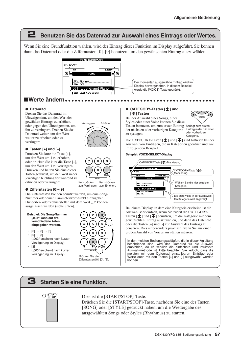Seiten 67, 92, Werte ändern, Starten sie eine funktion | Yamaha DGX-630 Benutzerhandbuch | Seite 67 / 160