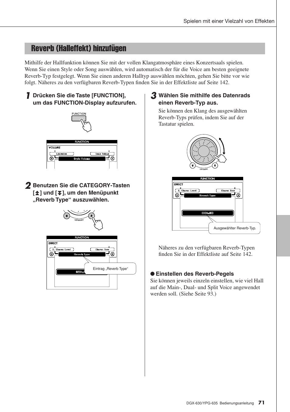 Reverb (halleffekt) hinzufügen | Yamaha DGX-630 Benutzerhandbuch | Seite 71 / 160