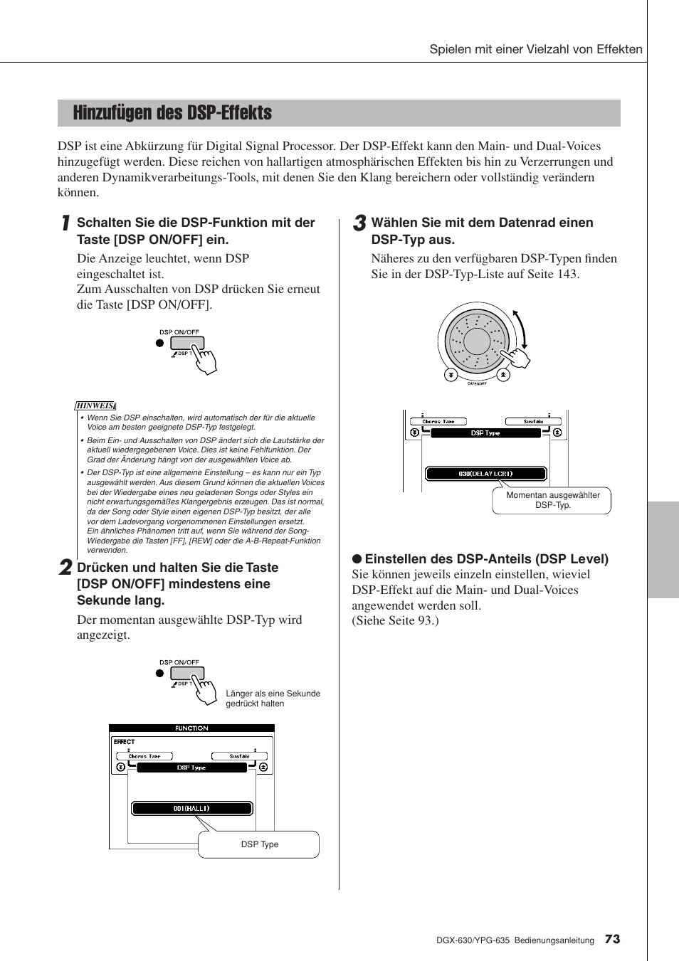 Hinzufügen des dsp-effekts, Seite 73 | Yamaha DGX-630 Benutzerhandbuch | Seite 73 / 160