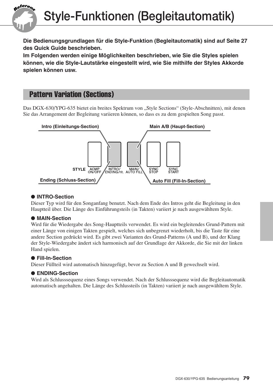 Style-funktionen (begleitautomatik), Pattern variation (sections) | Yamaha DGX-630 Benutzerhandbuch | Seite 79 / 160