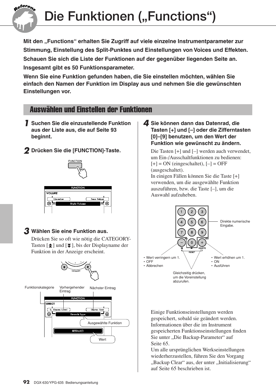 Die funktionen („functions“), Auswählen und einstellen der funktionen | Yamaha DGX-630 Benutzerhandbuch | Seite 92 / 160