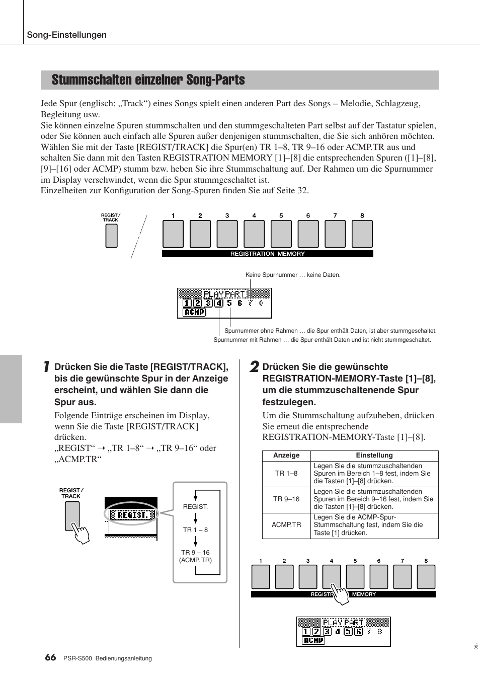 Stummschalten einzelner song-parts, Seite 66, Stummschalten. (siehe seite 66.) | Aufnehmen (seite 66), Seite 66) | Yamaha PSR-S500 Benutzerhandbuch | Seite 66 / 122