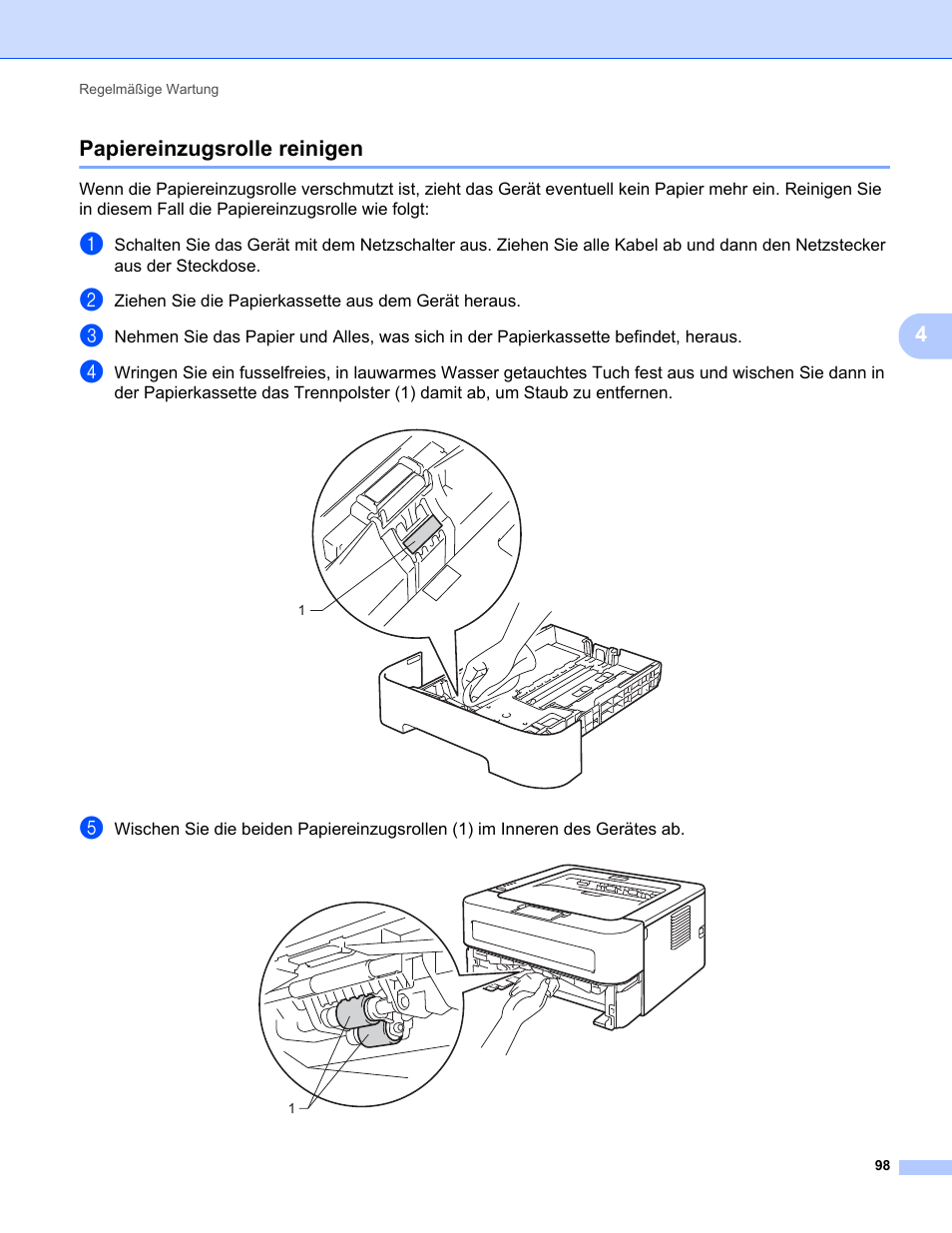 Papiereinzugsrolle reinigen, 4papiereinzugsrolle reinigen | Brother HL 2270DW Benutzerhandbuch | Seite 102 / 153