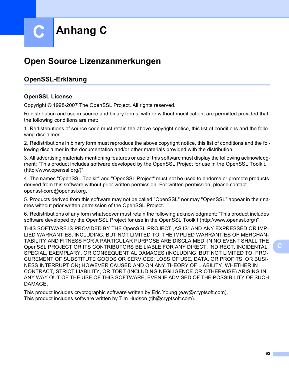 Anhang c, Open source lizenzanmerkungen, Openssl-erklärung | Openssl license | Brother DCP-9045CDN Benutzerhandbuch | Seite 100 / 103