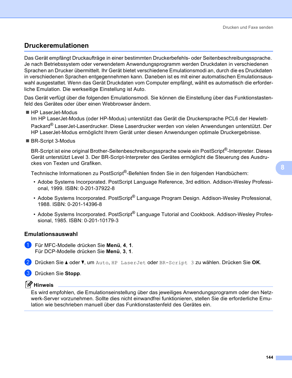 Druckeremulationen, Emulationsauswahl, 8druckeremulationen | Brother MFC 9840CDW Benutzerhandbuch | Seite 152 / 243