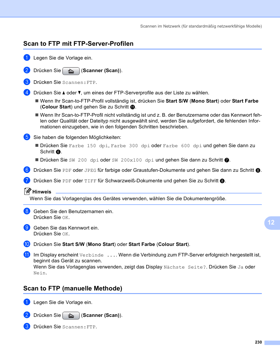 Scan to ftp mit ftp-server-profilen, Scan to ftp (manuelle methode) | Brother MFC-6490CW Benutzerhandbuch | Seite 239 / 251