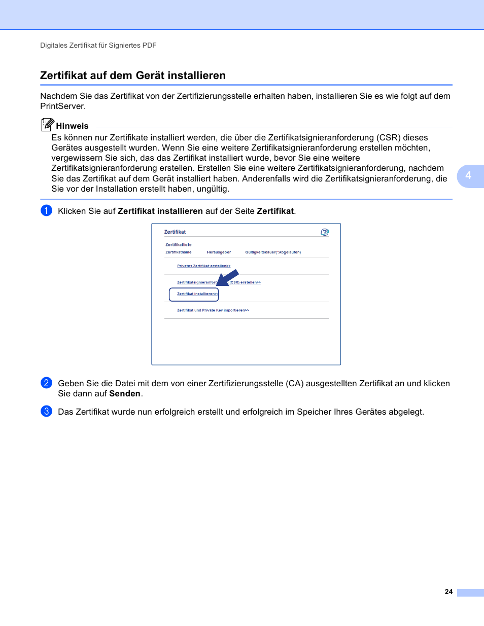 Zertifikat auf dem gerät installieren, 4zertifikat auf dem gerät installieren | Brother MFC-8510DN Benutzerhandbuch | Seite 27 / 32