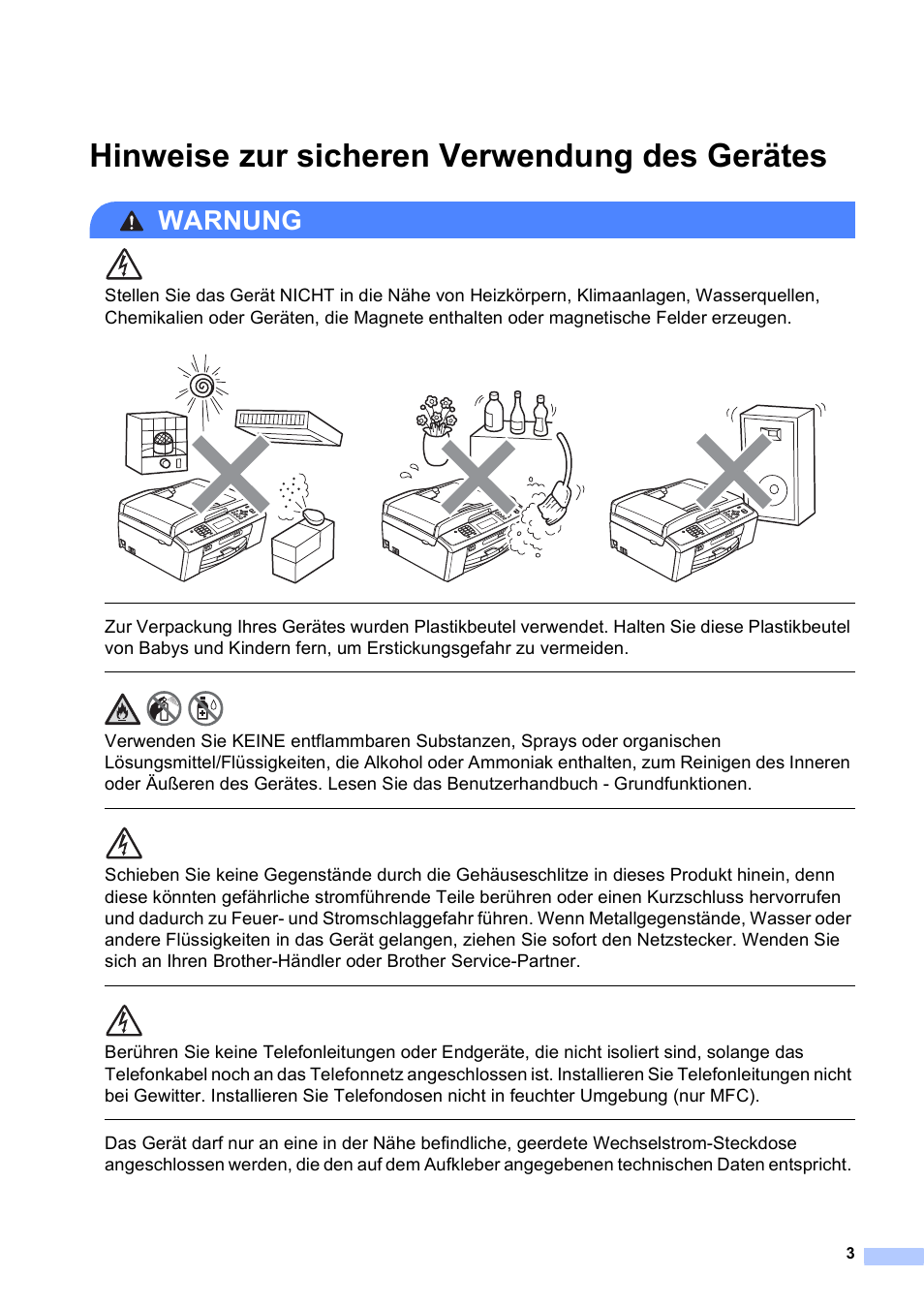 Hinweise zur sicheren verwendung des gerätes, Warnung | Brother DCP-J715W Benutzerhandbuch | Seite 3 / 14