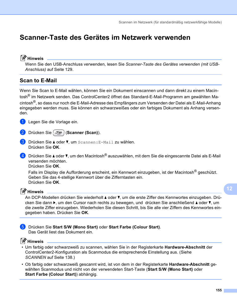 Scanner-taste des gerätes im netzwerk verwenden, Scan to e-mail | Brother dcp 150c Benutzerhandbuch | Seite 161 / 171