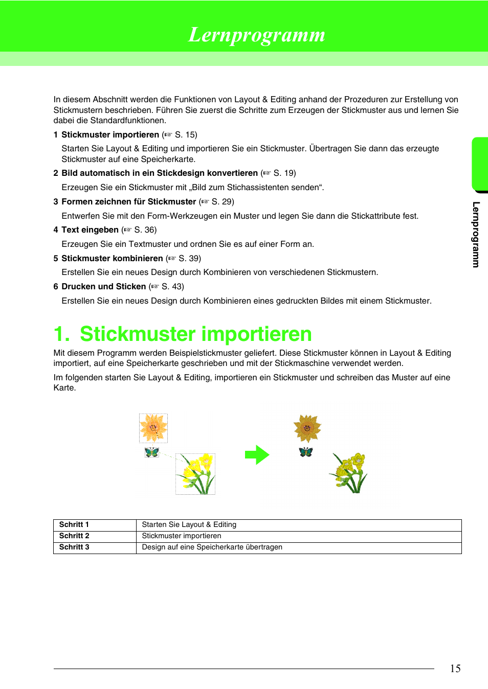 Lernprogramm, Stickmuster importieren | Brother PE-DESIGN 8 Benutzerhandbuch | Seite 17 / 283
