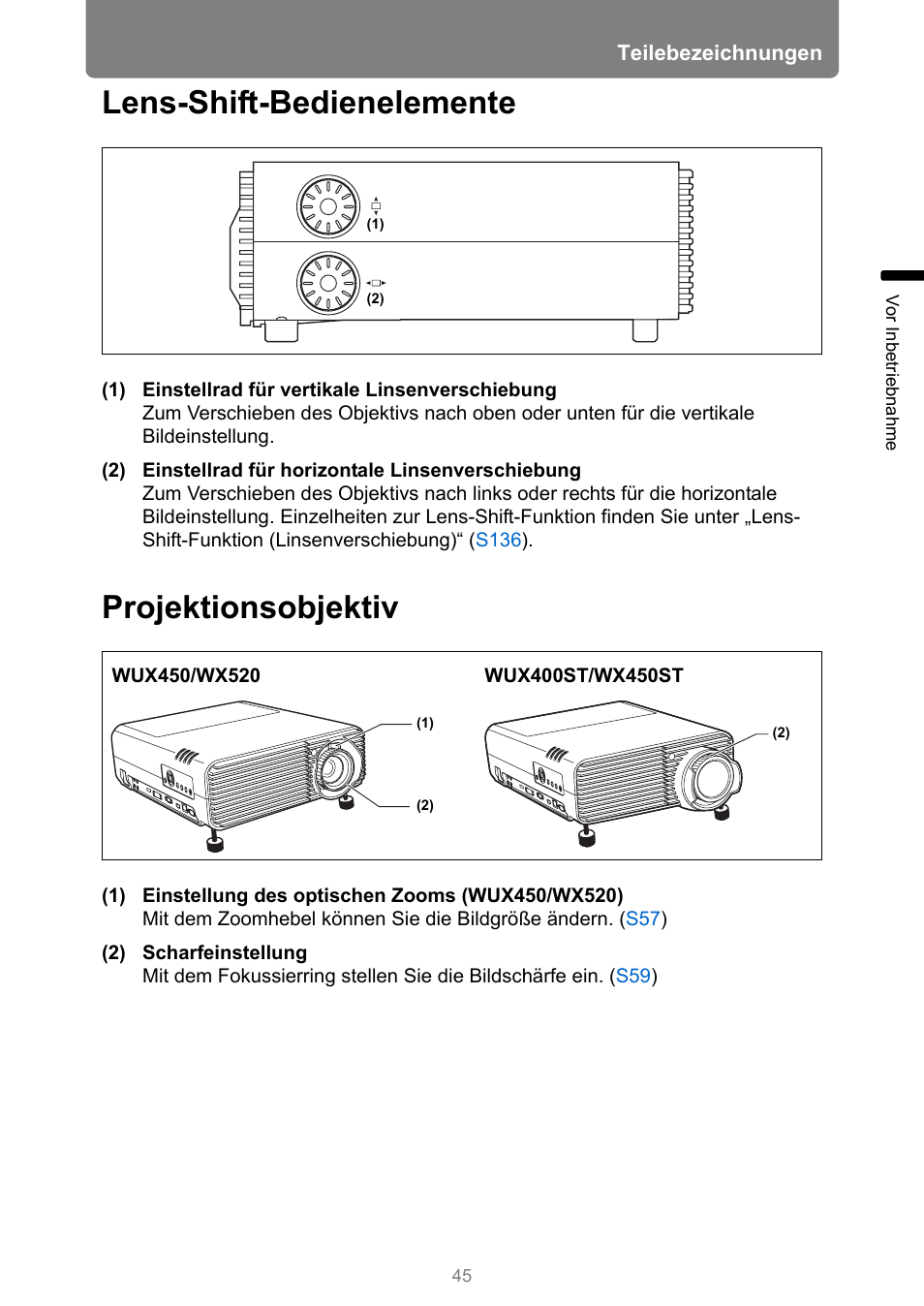 Lens-shift-bedienelemente, Projektionsobjektiv | Canon XEED WX450ST Benutzerhandbuch | Seite 45 / 322