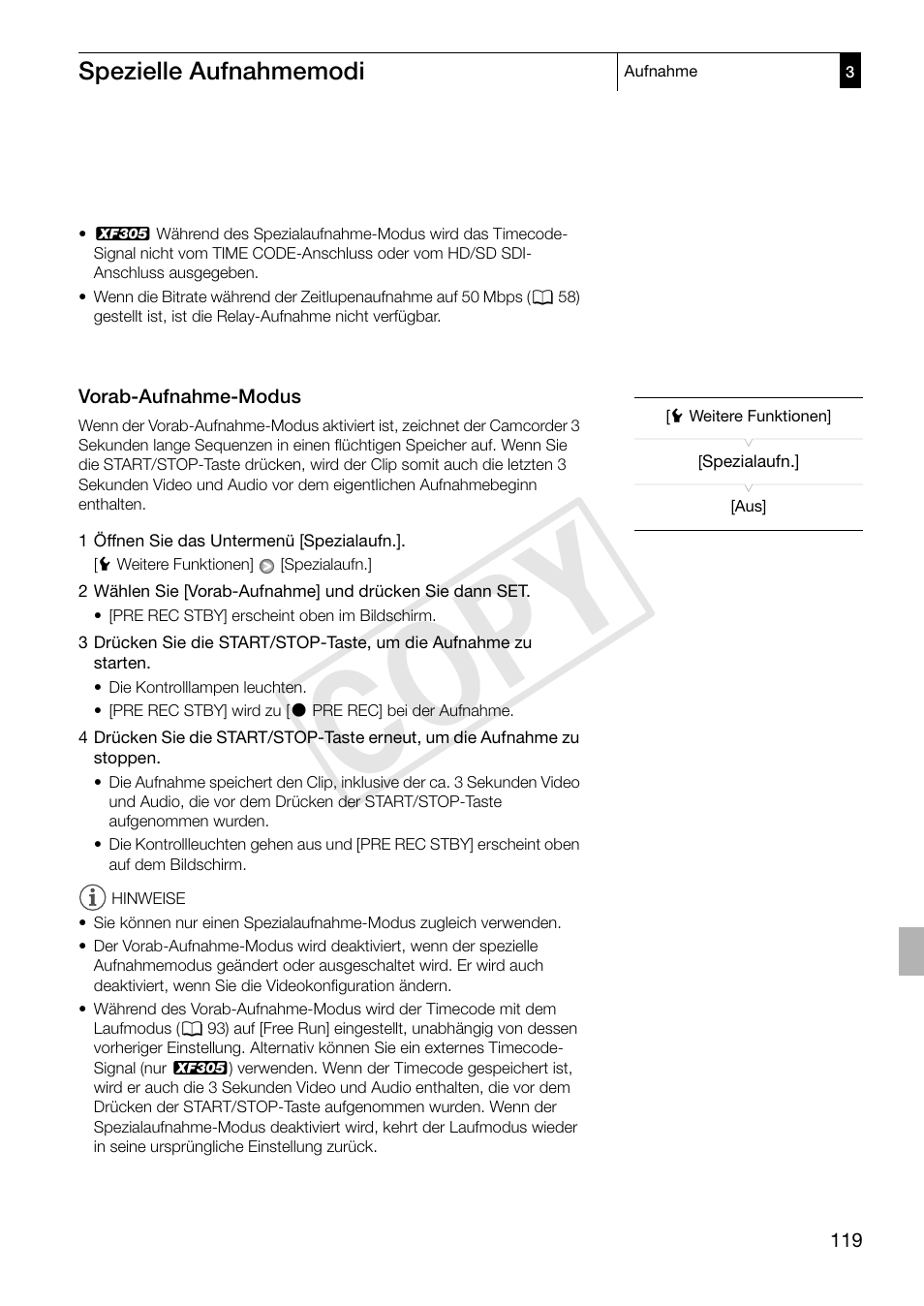 Vorab-aufnahme-modus, Vorab-aufnahme-modus 119, Cop y | Canon XF300 Benutzerhandbuch | Seite 119 / 230