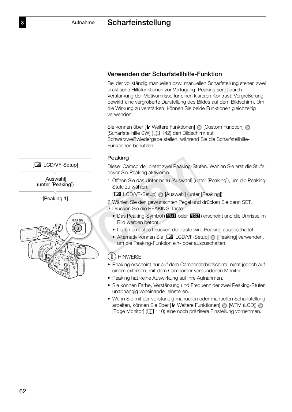 Verwenden der scharfstellhilfe-funktion, Verwenden der scharfstellhilfe-funktion 62, Cop y | Canon XF300 Benutzerhandbuch | Seite 62 / 230