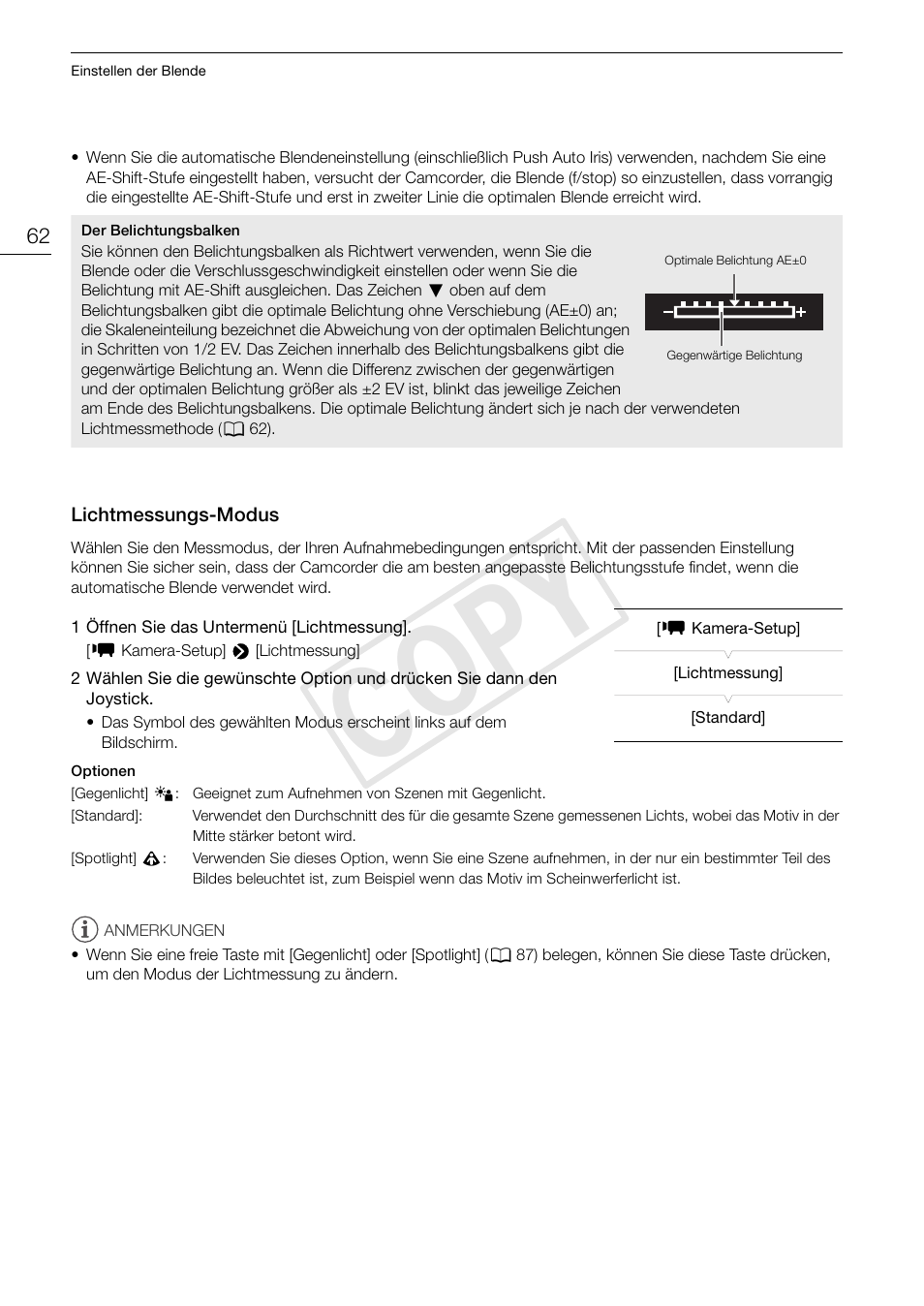 Lichtmessungs-modus, Lichtmessungs-modus 62, Cop y | Canon EOS C100 Benutzerhandbuch | Seite 62 / 165