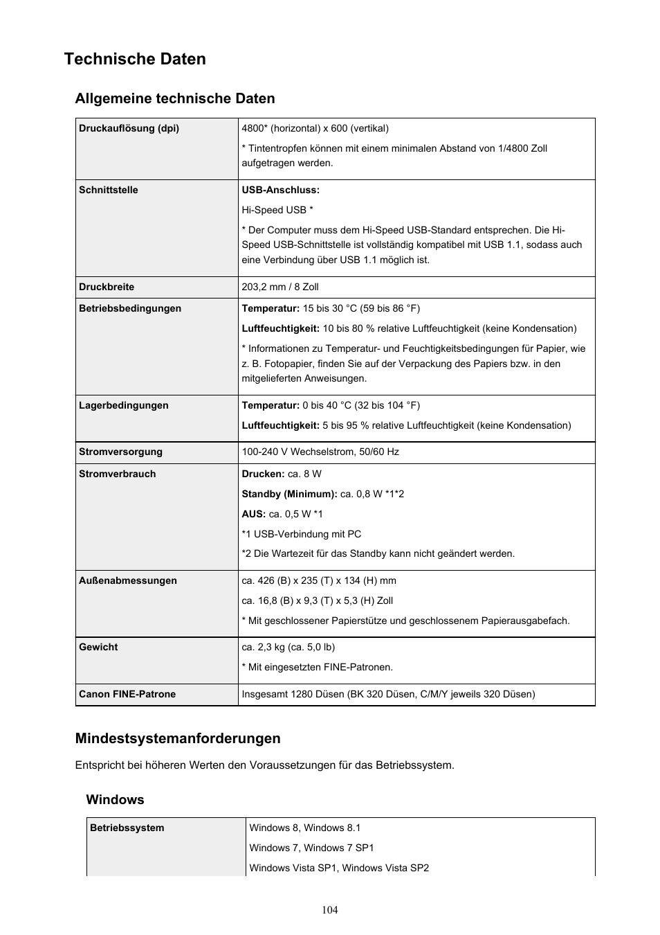 Technische daten, Allgemeine technische daten, Mindestsystemanforderungen | Windows | Canon PIXMA iP2850 Benutzerhandbuch | Seite 104 / 347