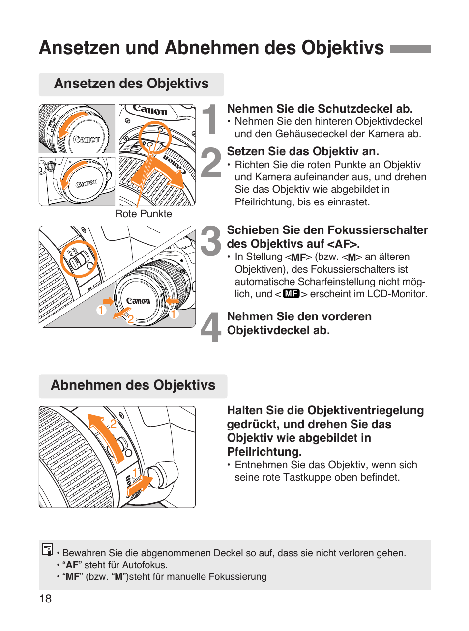 Ansetzen und abnehmen des objektivs | Canon EOS 3000N Benutzerhandbuch | Seite 18 / 84