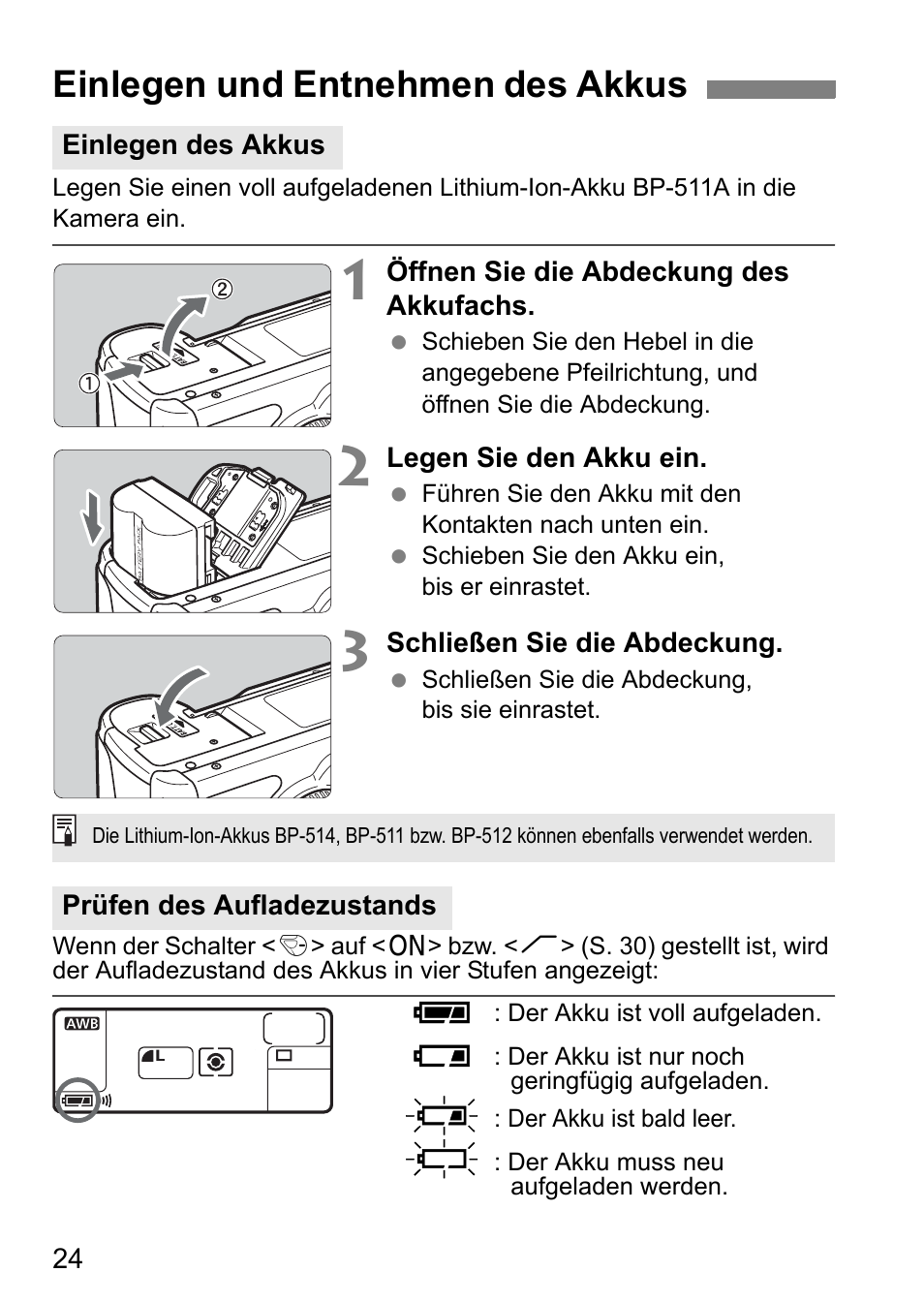 Einlegen und entnehmen des akkus | Canon EOS 5D Benutzerhandbuch | Seite 24 / 180