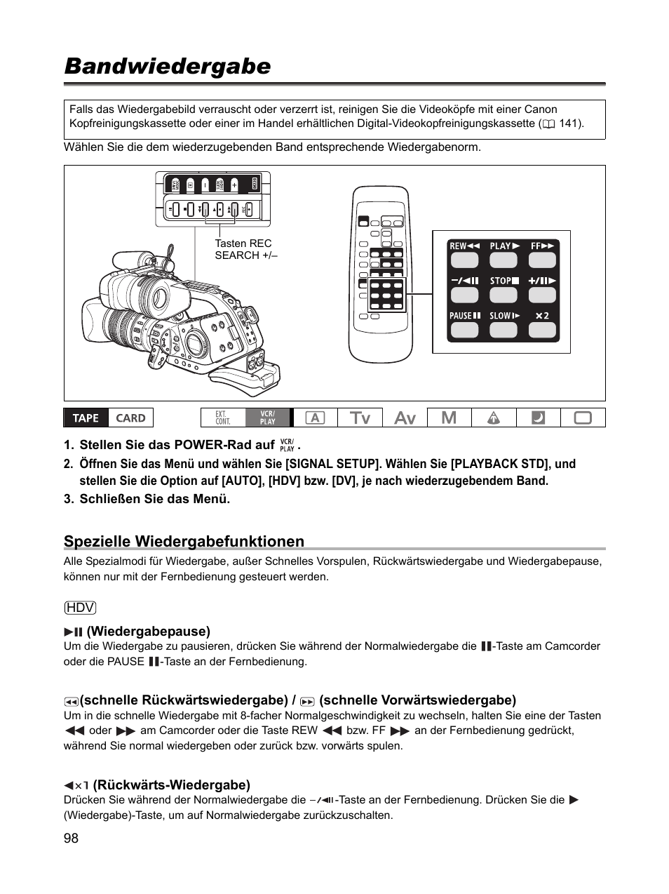 Wiedergabe, Bandwiedergabe, Spezielle wiedergabefunktionen | Canon XL H1 Benutzerhandbuch | Seite 98 / 163