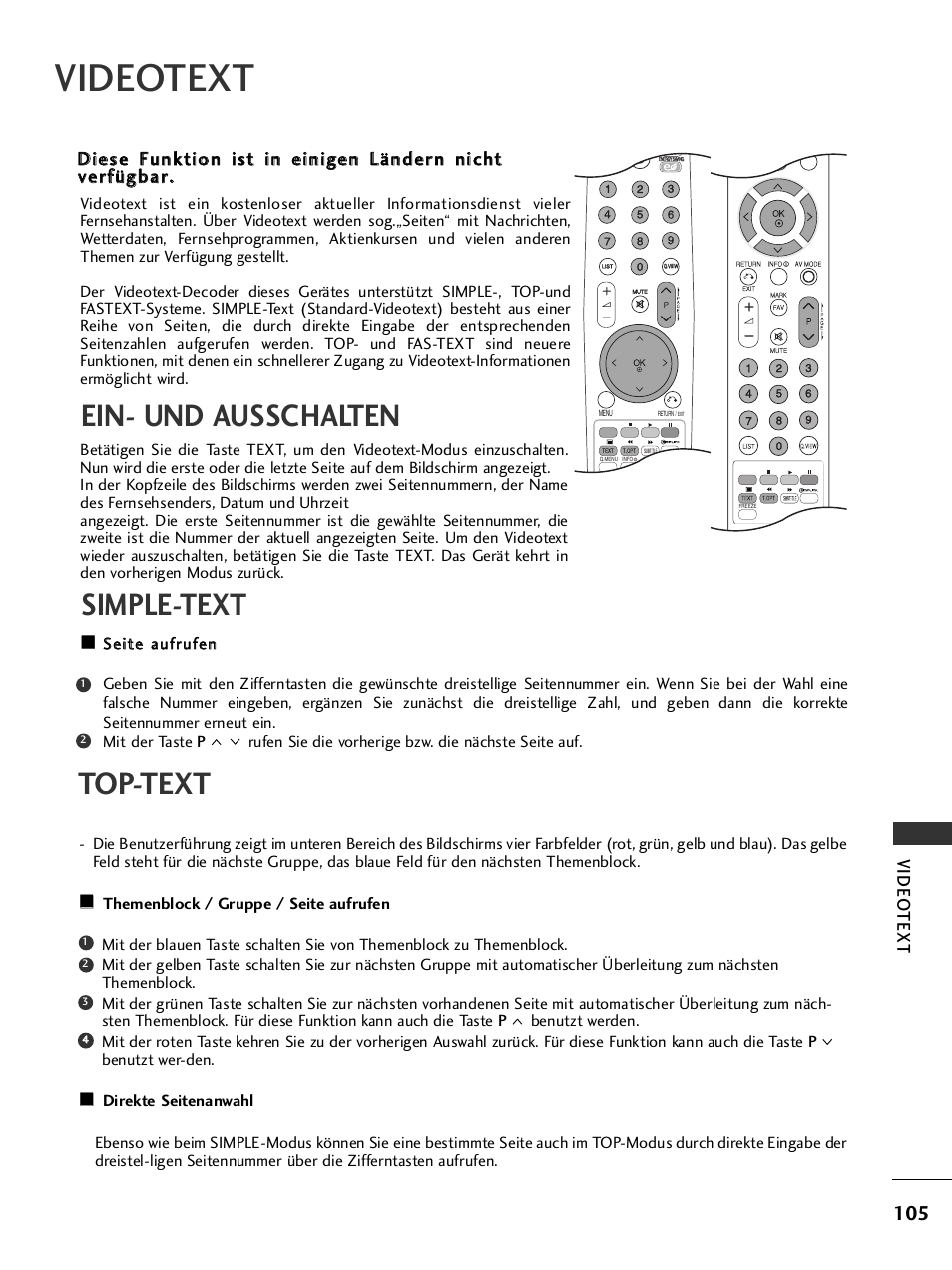 Videotext, Ein- und ausschalten, Simple-text | Top-text, Video text | LG 42PQ1100 Benutzerhandbuch | Seite 107 / 124