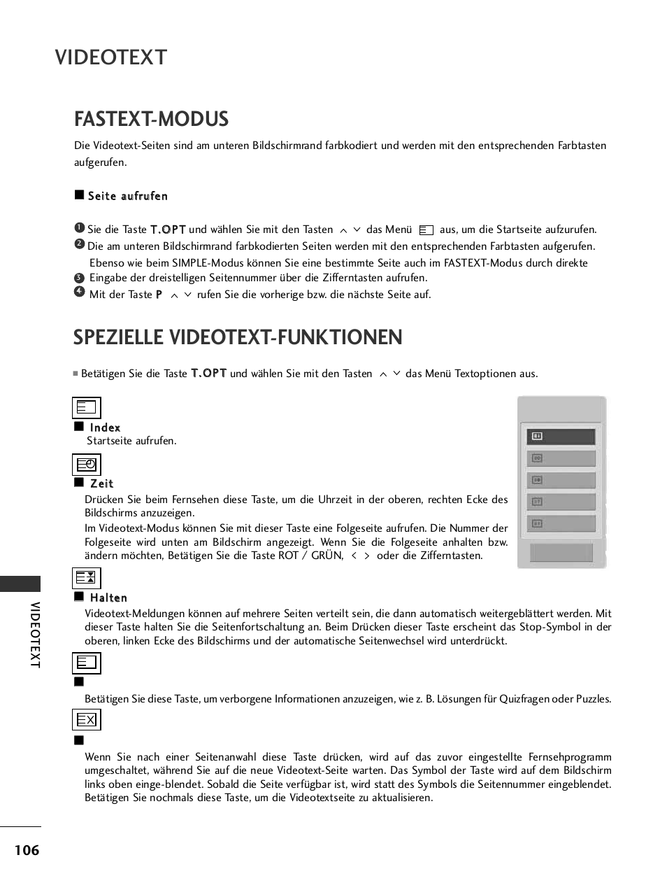 Fastext-modus, Spezielle videotext-funktionen, Videotext | LG 42PQ6010 Benutzerhandbuch | Seite 108 / 124