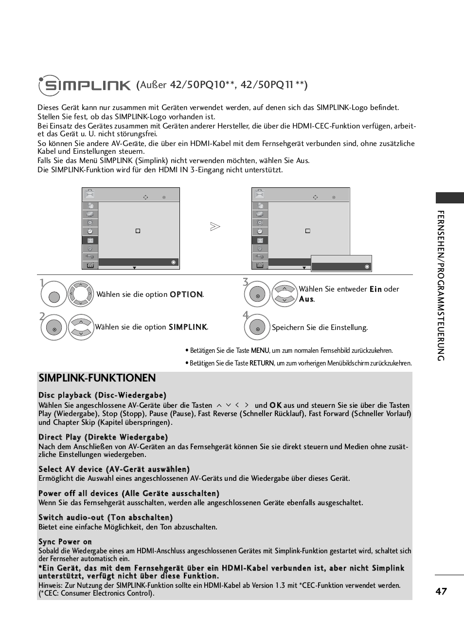 Simplink, Simplink-funktionen, Fernsehen/pr ogr amms teuer ung | LG 42PQ6010 Benutzerhandbuch | Seite 49 / 124