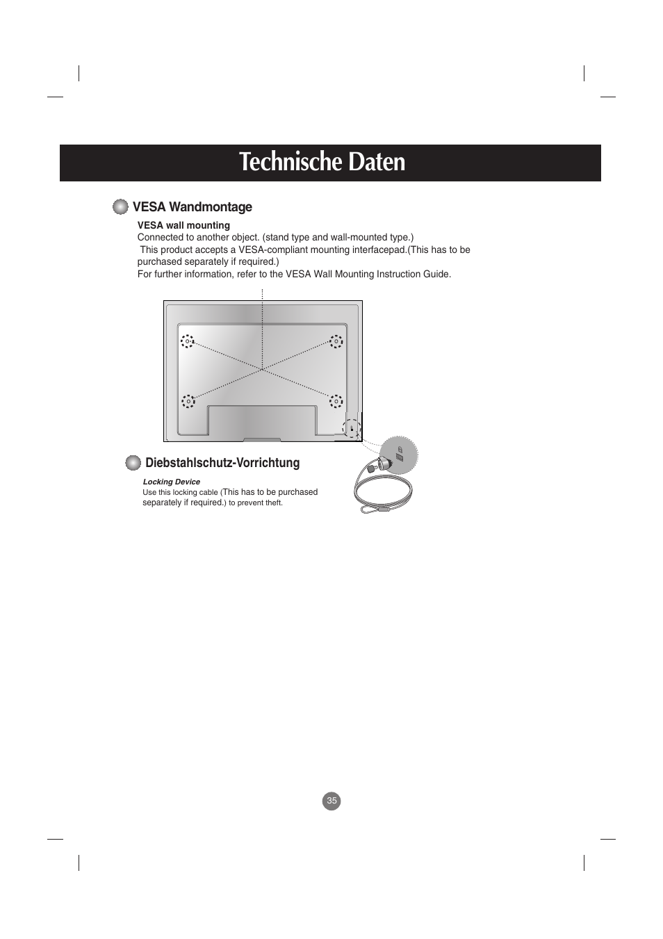 Vesa wandmontage, Diebstahlschutz-vorrichtung, Technische daten | LG M4710C-BAT Benutzerhandbuch | Seite 36 / 54
