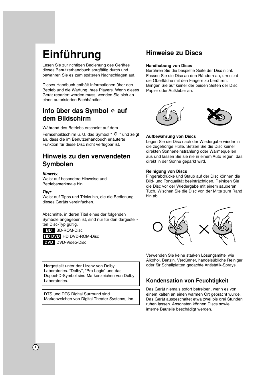 Einführung, Info über das symbol auf dem bildschirm, Hinweis zu den verwendeten symbolen | Hinweise zu discs | LG BH100 Benutzerhandbuch | Seite 4 / 30
