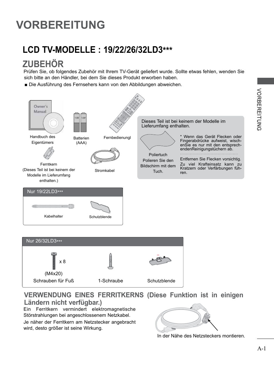 Vorbereitung, Lcd tv-modelle : 19/22/26/32ld3, Lcd tv-modelle : 19/22/26/32ld3*** ........a-1 | LG 26LD350 Benutzerhandbuch | Seite 5 / 206