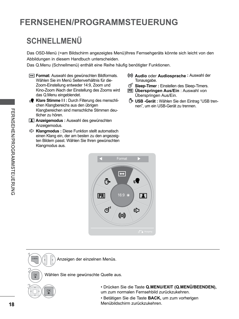 Schnellmenü, Lautstärkeregelung, Fernsehen/programmsteuerung | LG 26LD350 Benutzerhandbuch | Seite 66 / 206