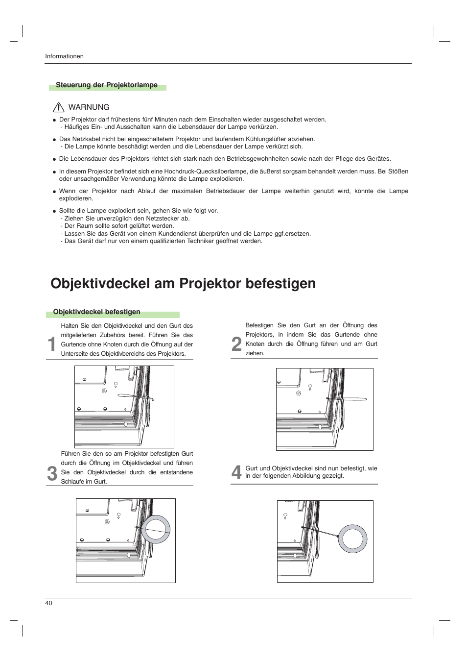 Objektivdeckel am projektor befestigen | LG BX501B Benutzerhandbuch | Seite 40 / 42