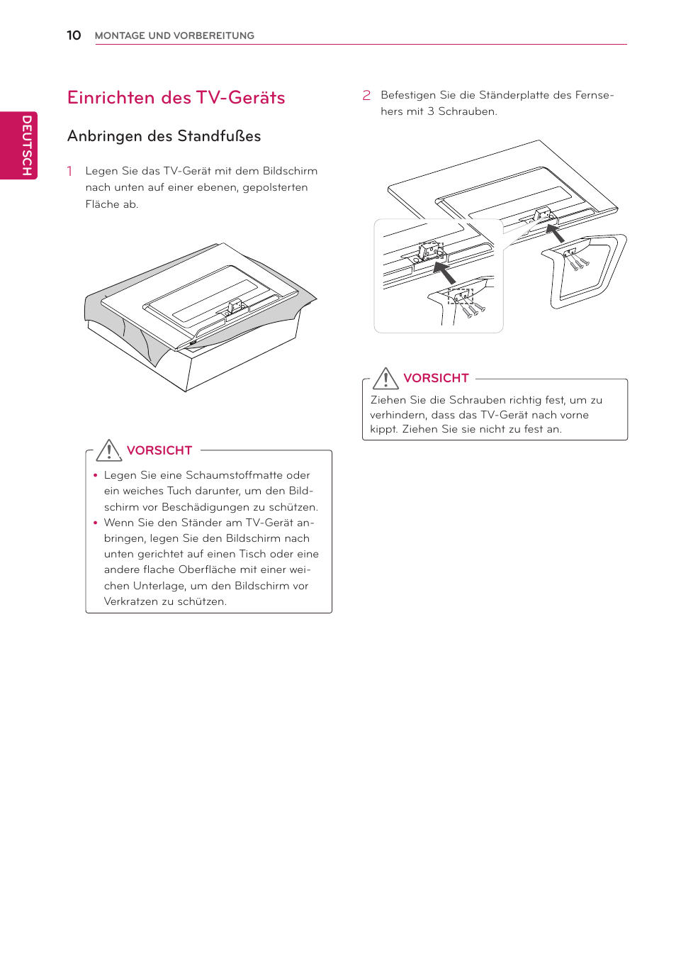 Einrichten des tv-geräts, Anbringen des standfußes | LG TM2792S-SR Benutzerhandbuch | Seite 10 / 46